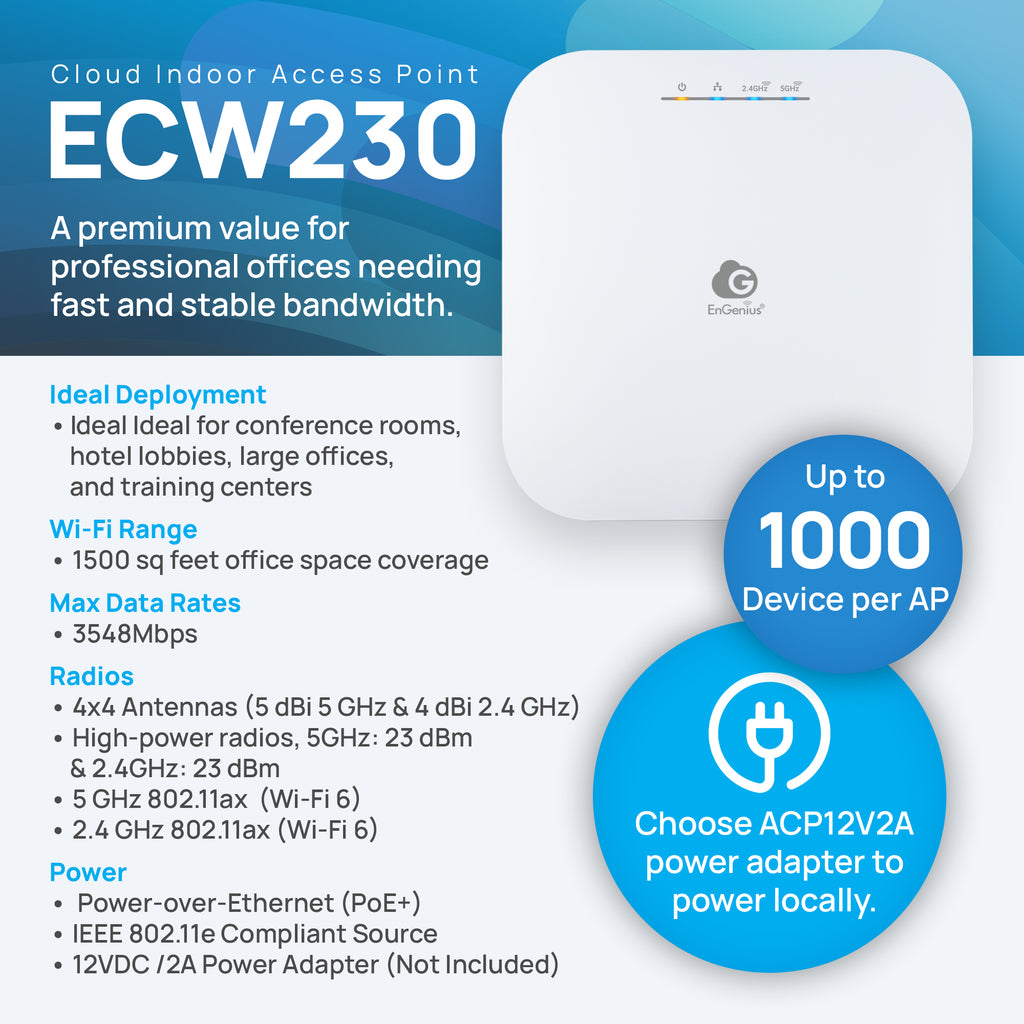 EnGenius ECW230 — Cloud‑Managed 4×4 Indoor Wi‑Fi 6 Access Point (TAA Compliant)