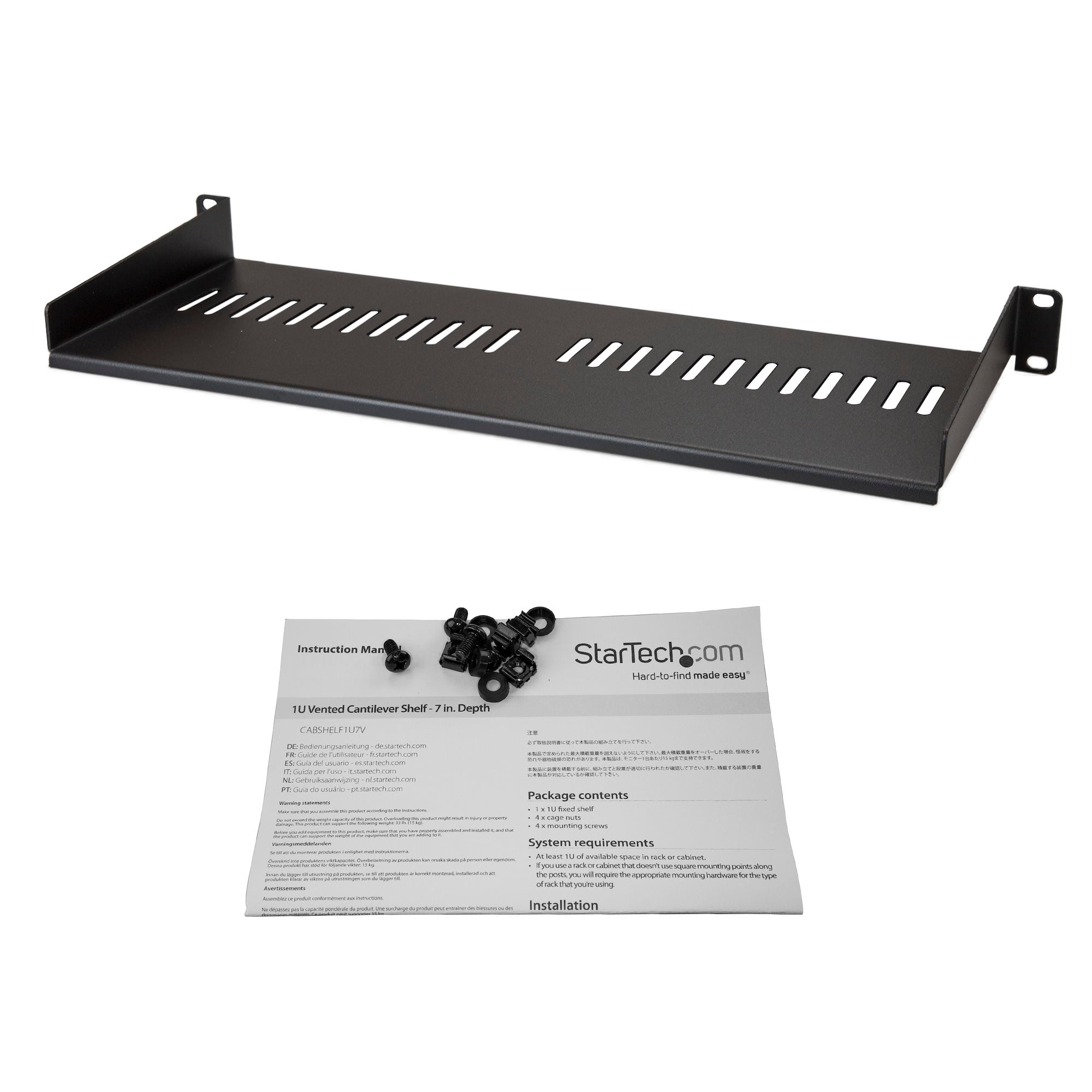 StarTech CABSHELF1U7V — 1U 7" Deep Vented Rack Shelf (Steel, 19" Rackmount)