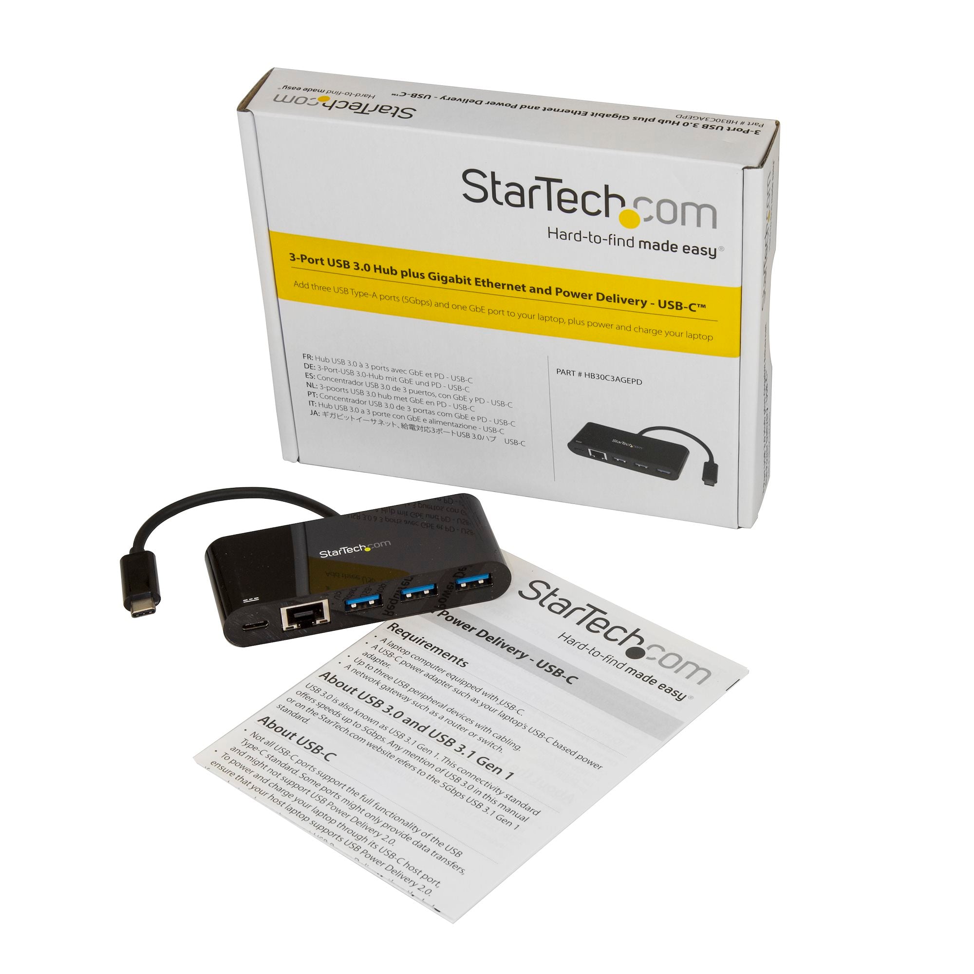 StarTech HB30C3AGEPD — USB‑C to USB‑A Hub with Gigabit Ethernet & 60W Power Delivery Passthrough